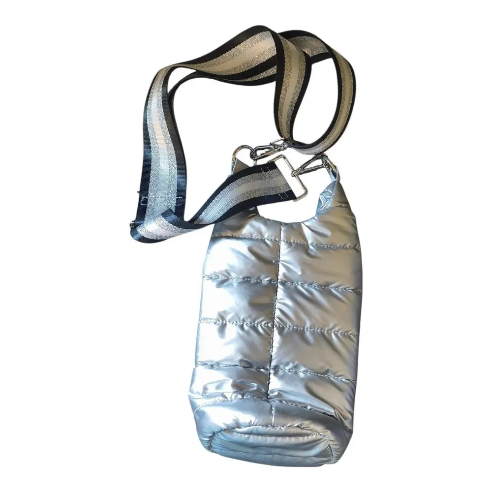WanderFull Quilted Nylon Water Bottle Crossbody Bag Silver Puffer Style